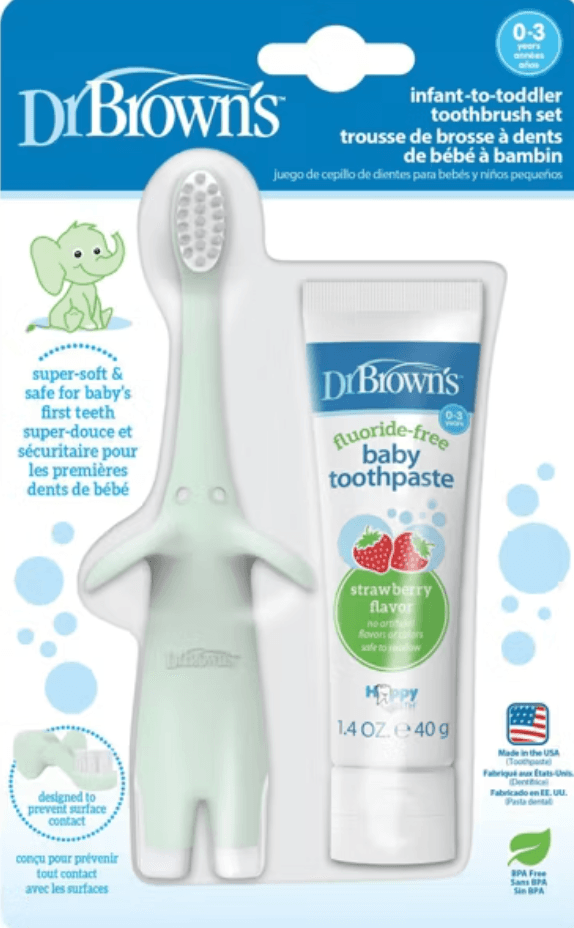 Dr. Brown's infant-to-toddler toothbrush and strawberry baby toothpaste set