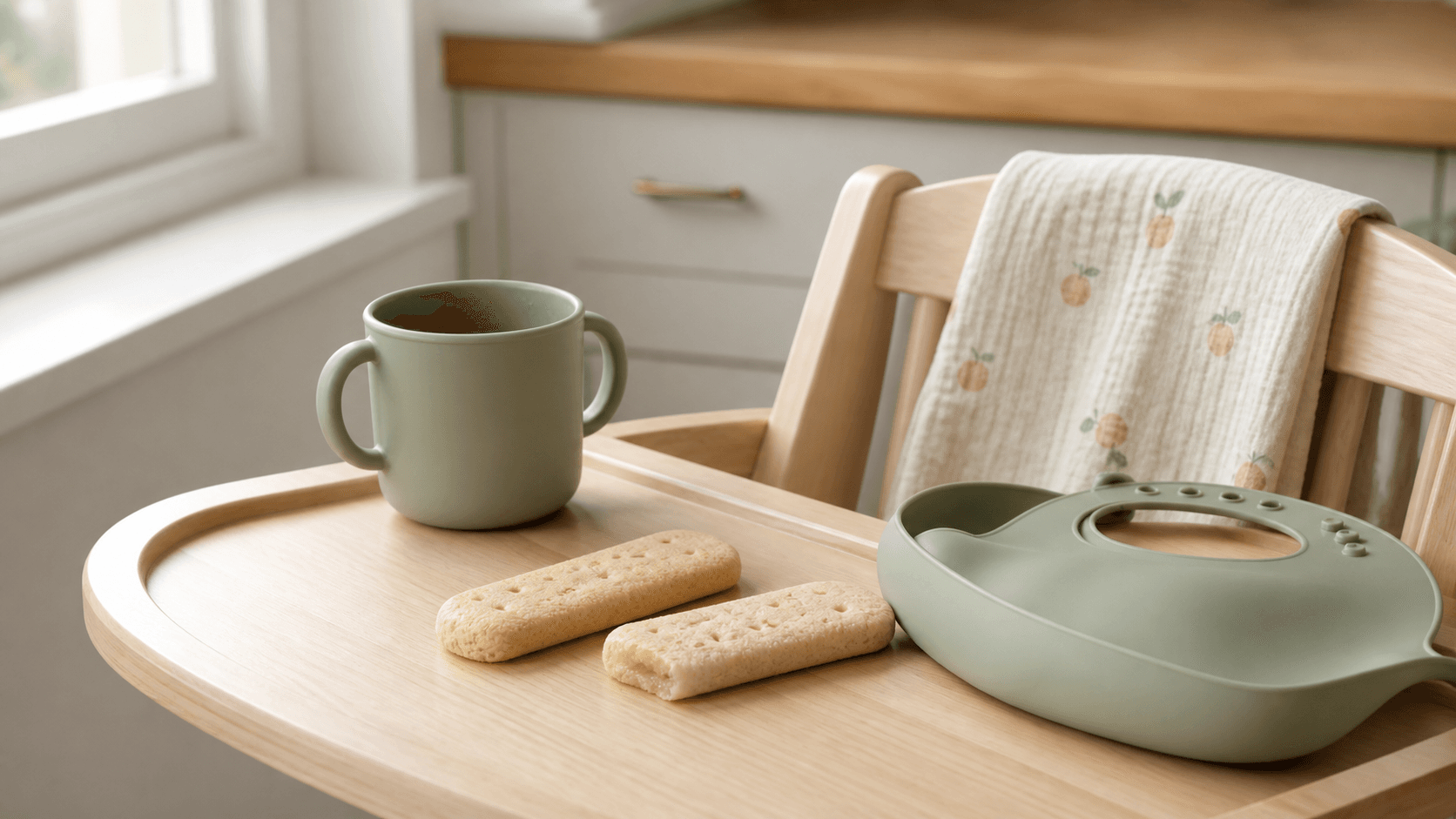 Two baby teething crackers on a high-chair tray beside a silicone cup