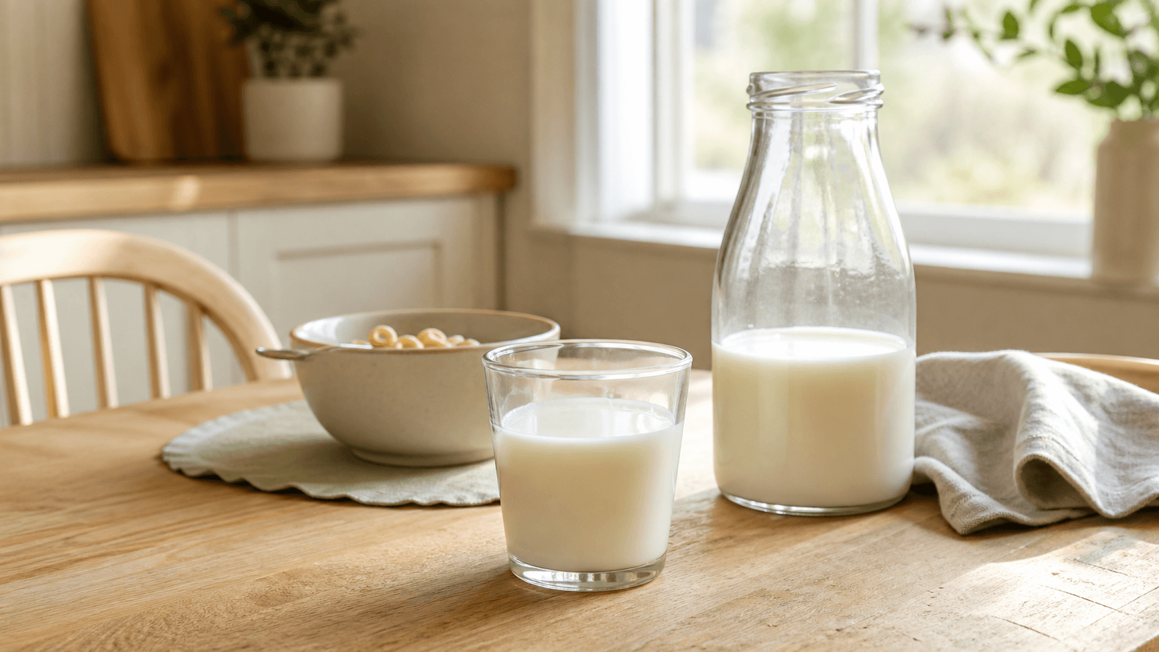 A small glass of whole milk beside a milk bottle and bowl of cereal